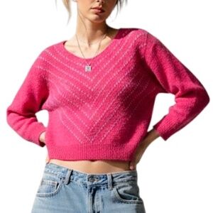 Vintage 70s 80s hot pink v neck cropped chevron bracelet sleeve sweater